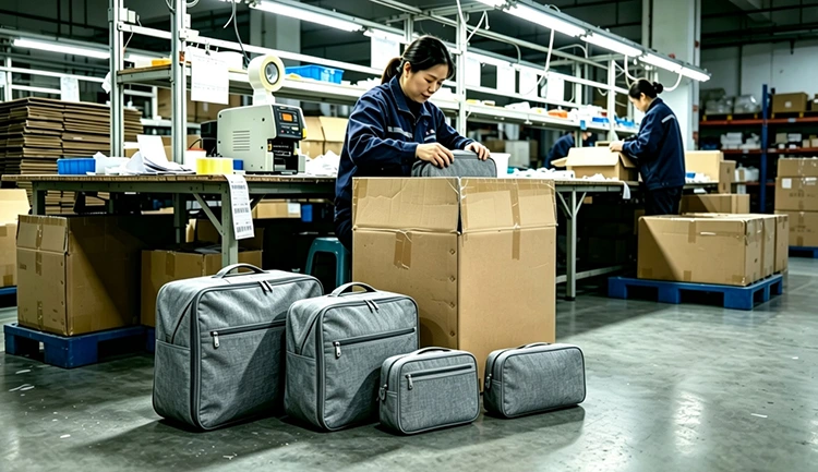QC inspector checking finished custom travel storage bags at factory quality control station