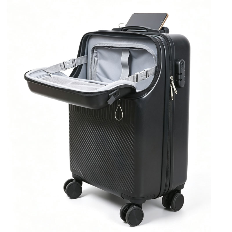 .Front‑open ABS carry‑on luggage with open front compartment and phone on handle