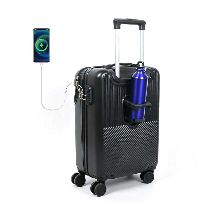 Black 20 inch hardshell carry‑on luggage with built‑in back cup holder holding bottle