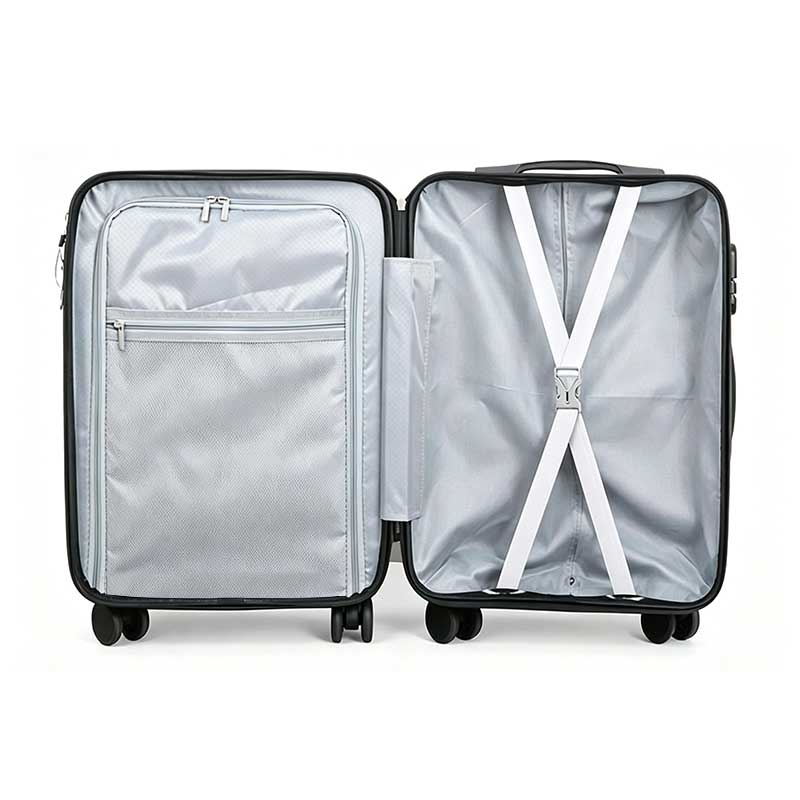 Hardshell carry‑on luggage full inner view with packing straps and mesh pockets