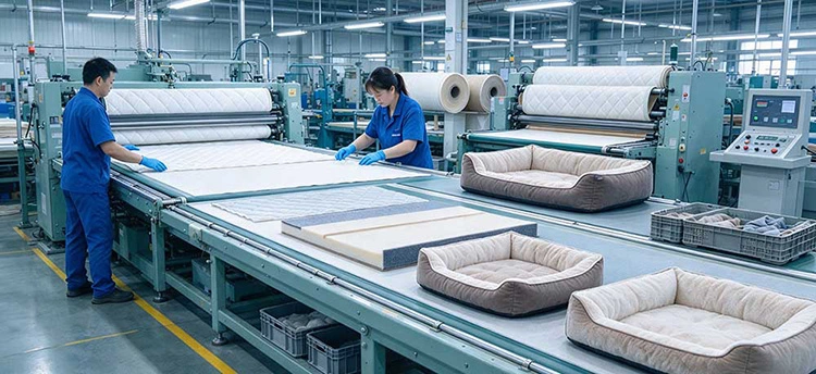Pet bed and rest mat manufacturing production line, custom pet soft goods factory